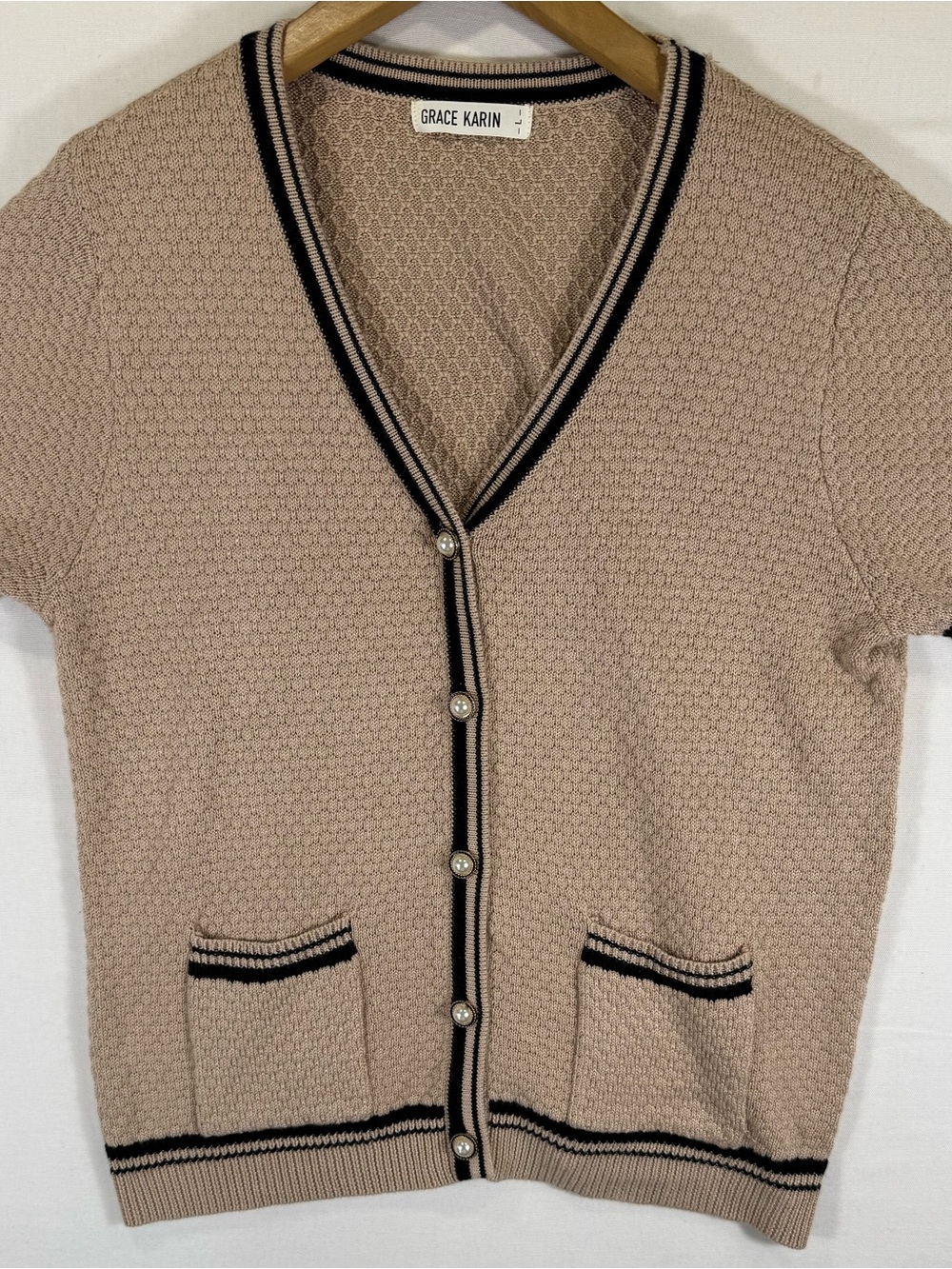 Grace Karin Beige Short Sleeve V-Neck Cardigan with Black Trim